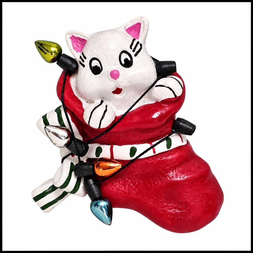 Vintage Christmas Cat in Stocking Brooch Pin Red White Holiday Lights Resin